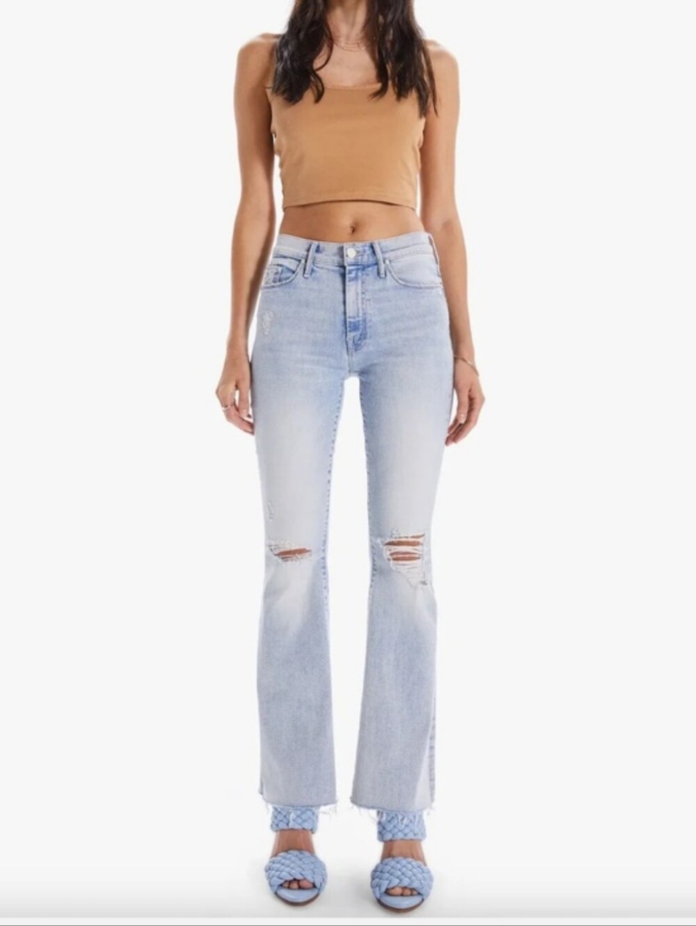 Zara Light Blue High-Rise Flare Jeans with Knee Rips